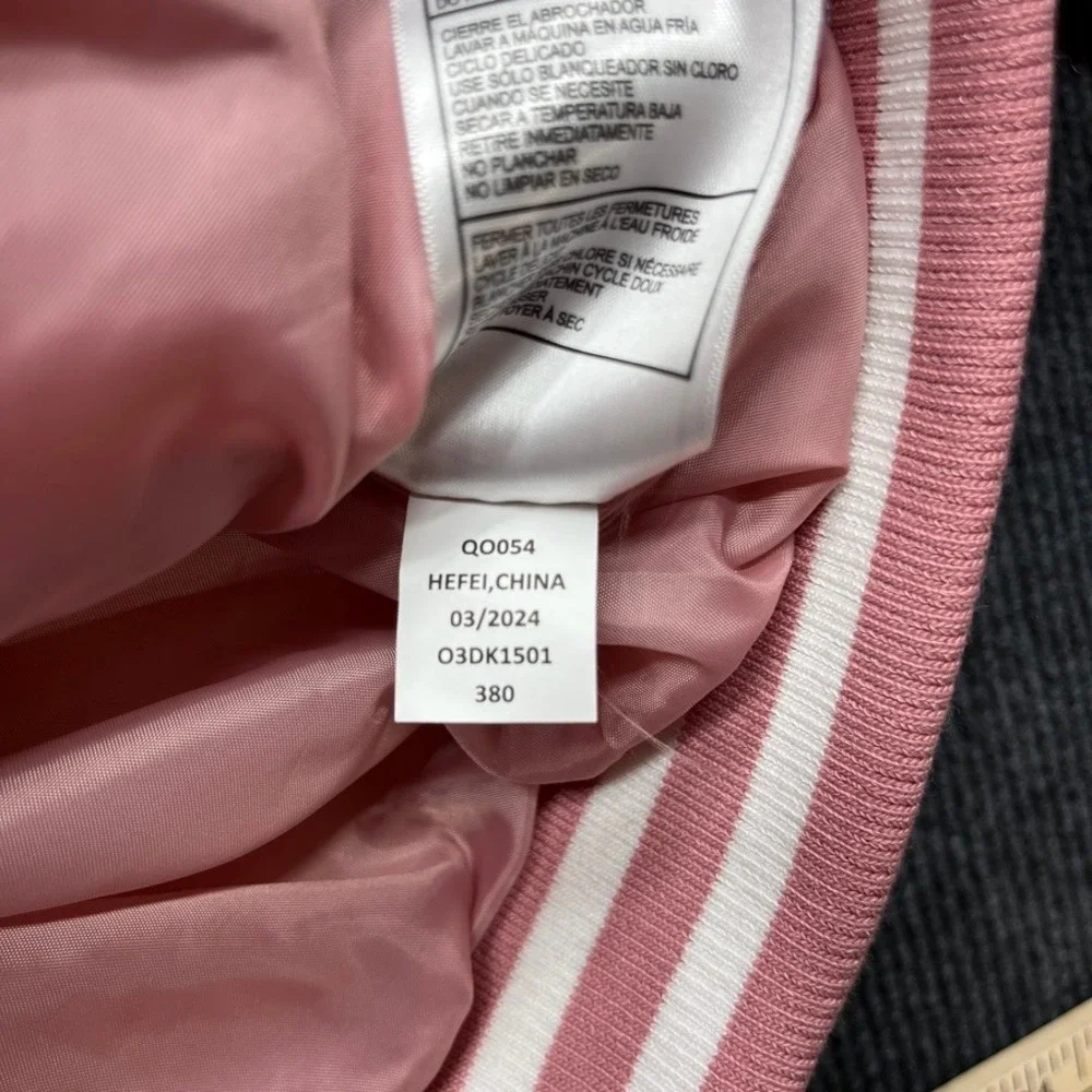 DKNY Girls Pink Puffer Jacket Faux Leather Sleeves Size 10/12 Y2K Streetwear